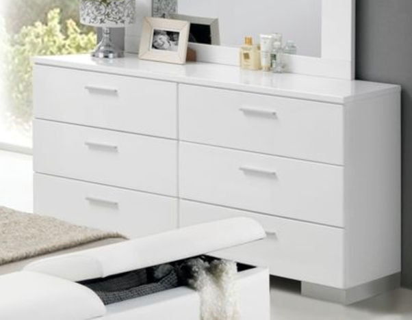 Modern White Dresser with 6 Drawers - High-Gloss Wood Bedroom Storage