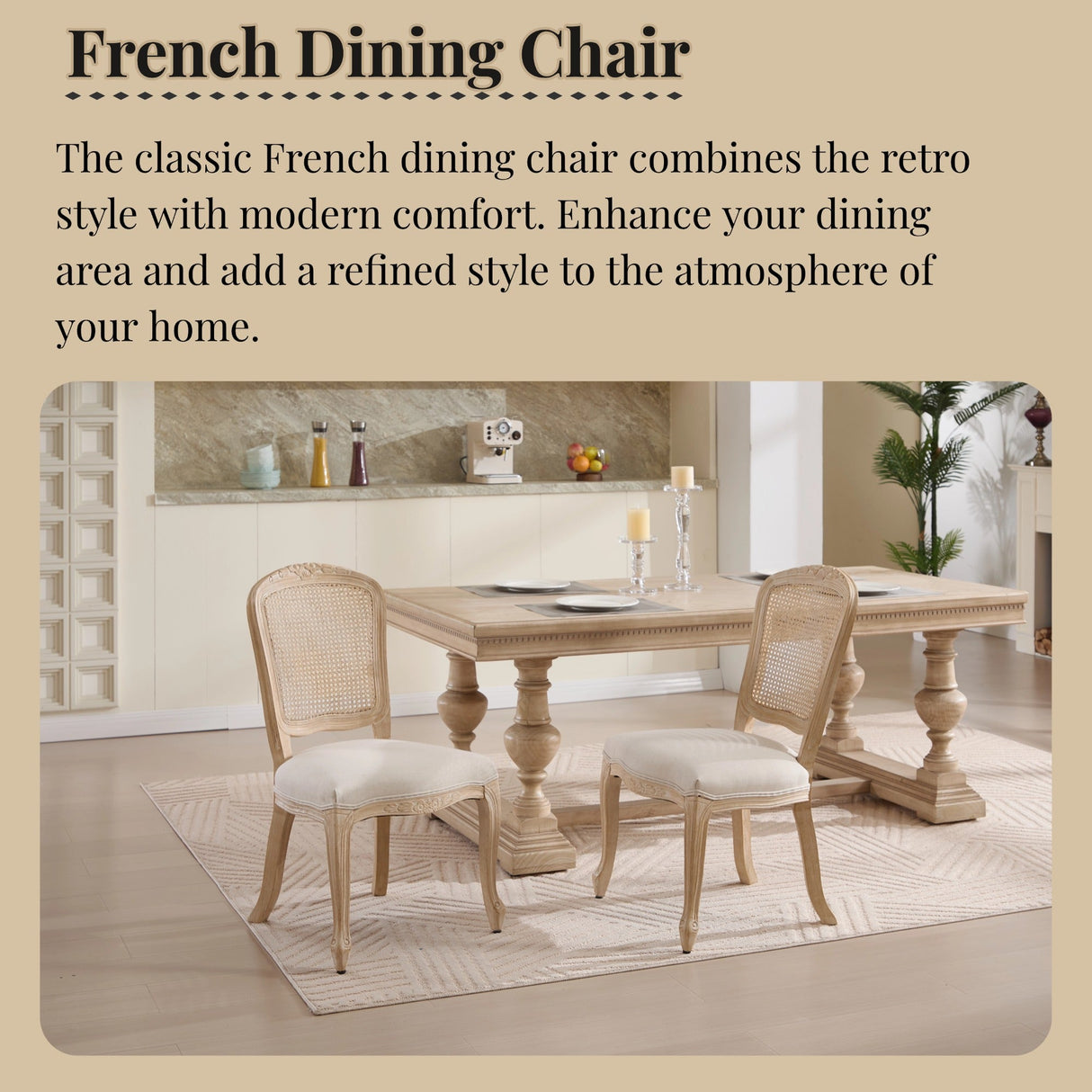 French Country Dining Chairs Set of 2, Upholstered with Rattan Fan-shaped Back
