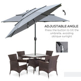 9ft 3 tiers patio umbrella outdoor market umbrella with crank, push button tilt for deck, backyard and lawn, dark gray