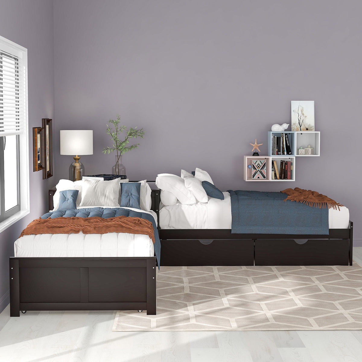 L Shaped Platform Bed With Trundle And Drawers Linked With Built In Desk