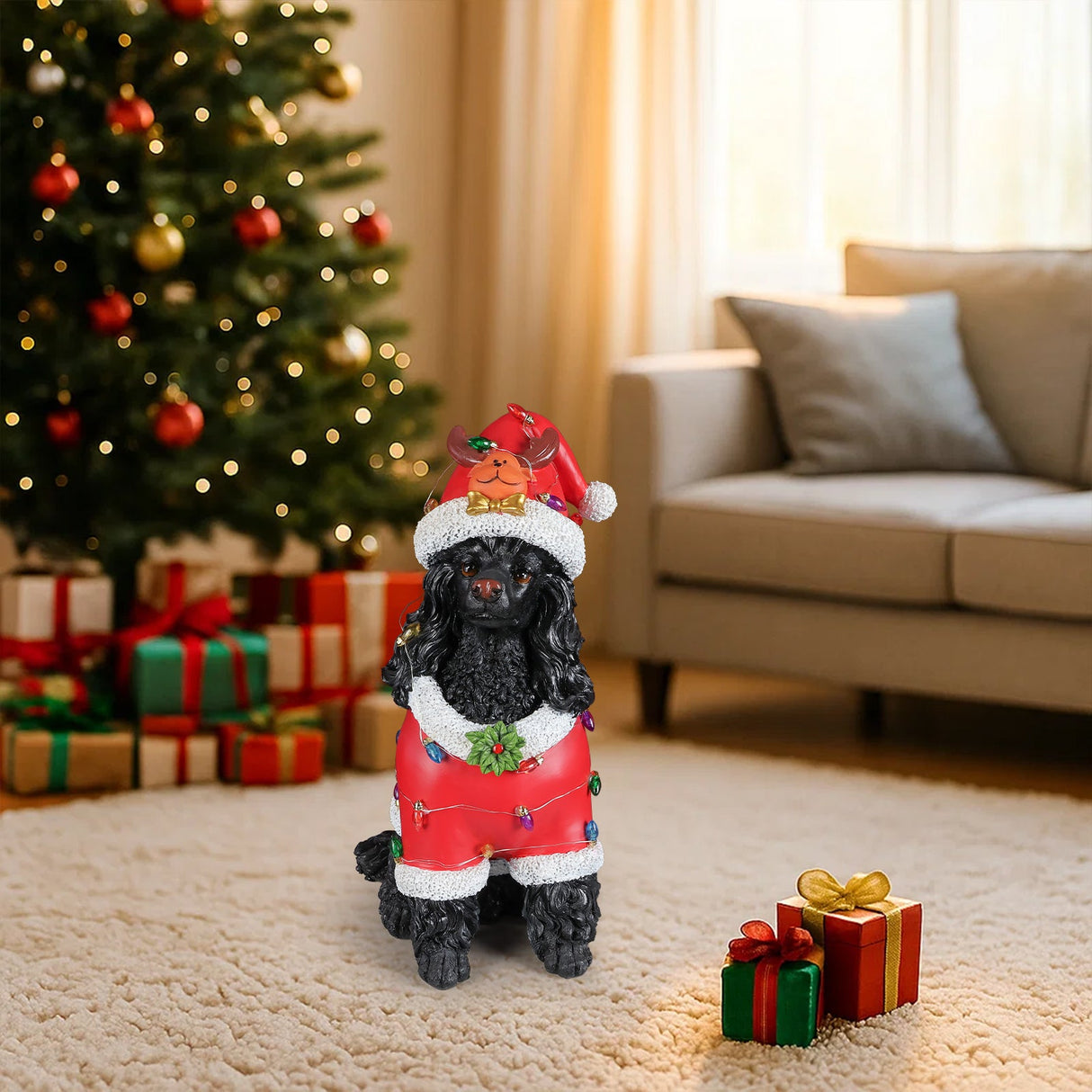 Festive Black Poodle Christmas Statue