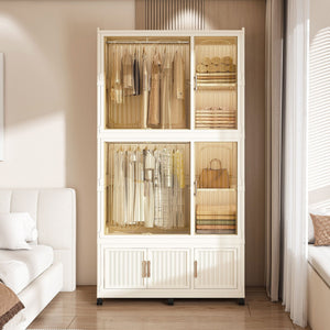Portable Wardrobe Closet Storage Organizer For Clothes, 9 Magnetic Doors With 9 Cubes & 2 Hanging Rods, 6 Hangers - Cream White