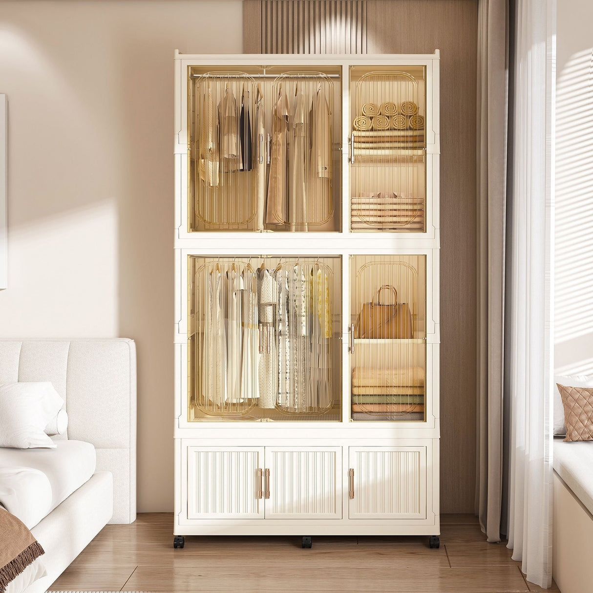 Portable Wardrobe Closet Storage Organizer For Clothes, 9 Magnetic Doors With 9 Cubes & 2 Hanging Rods, 6 Hangers - Cream White