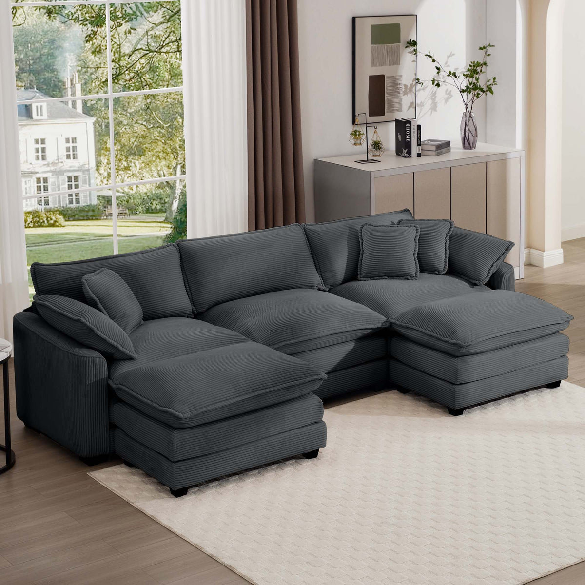 Modern Modular Cushion Sofa Set with Ottoman - Fabric, Multiple Colors