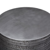 Johnsen 15 Inch Wide Tribal Pattern Metal Accent Table in Antique Silver