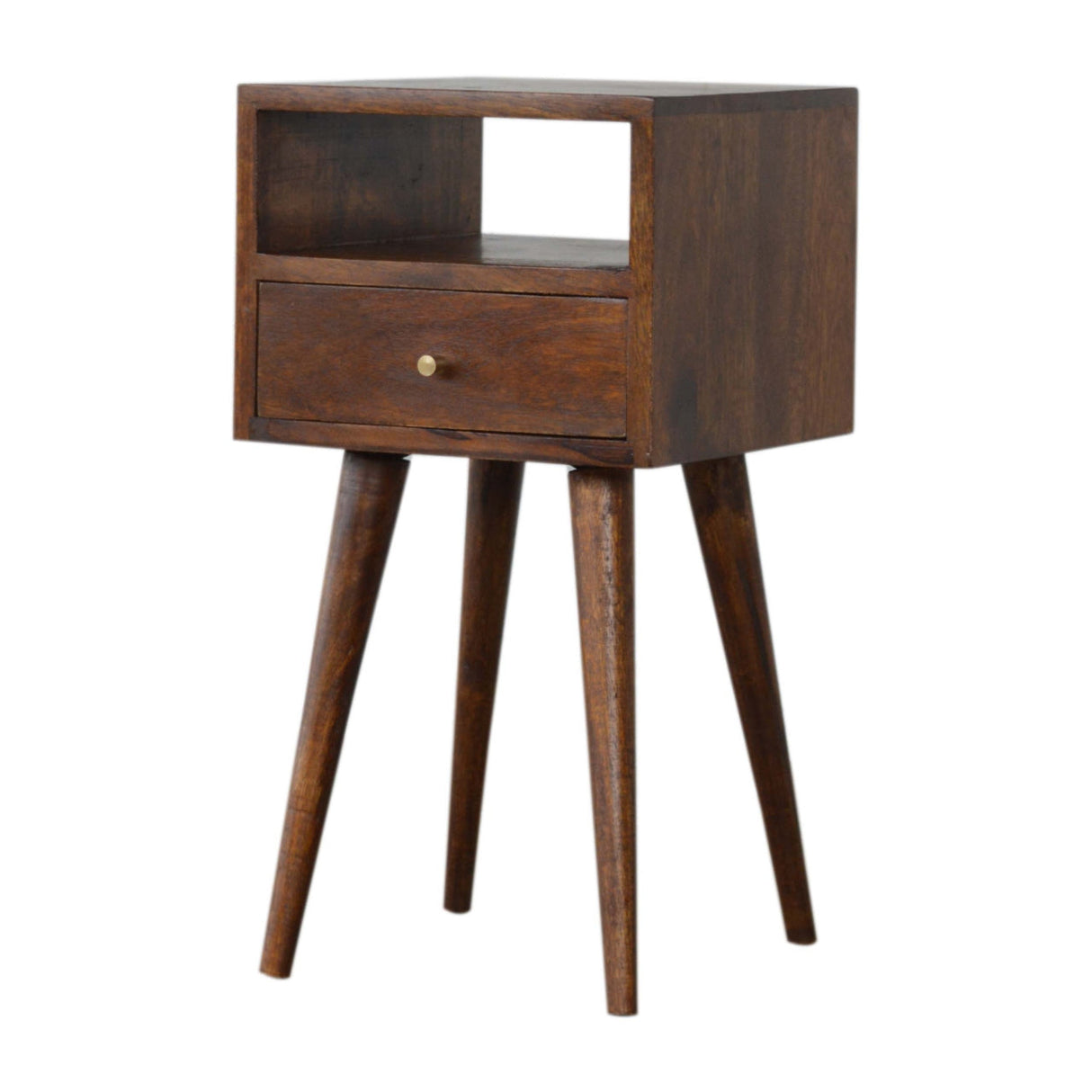 Solid Wood Mini Nightstand, 1-Drawer, 1 Open Slot, Chestnut