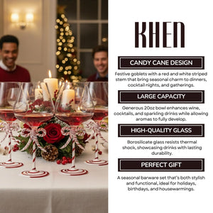 Khen Christmas Candy Cane Bow Wine Glasses - Set of 2