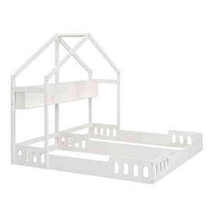 Twin Size Platform Bed With Shared Design, Guardrails, And Built In Shelves - Creamy White