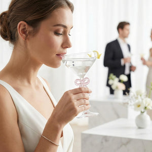 Single Clear Martini Glass with Pink Bow on Stem, One Piece