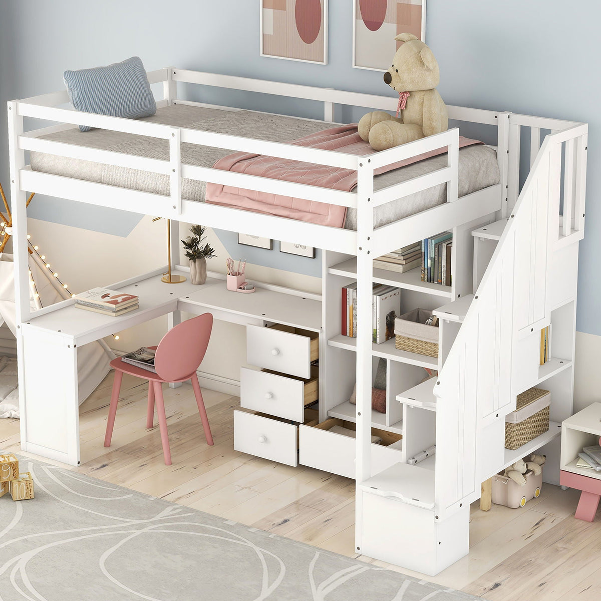 Loft Bed With L Shaped Desk, Drawers, Cabinet, And Storage Staircase