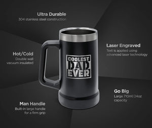 Unique Gift for Dad - XL Stainless Steel Insulated Tumbler Cup with Handle (24oz) Beer Mug for Hot/Cold Drinks, Gift Idea for Christmas Birthday Fathers Day Coolest Dad Ever (Gift-Boxed)