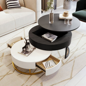 Modern Round Nesting Coffee Tables with Lift-Top and 2 Drawers - White or Black