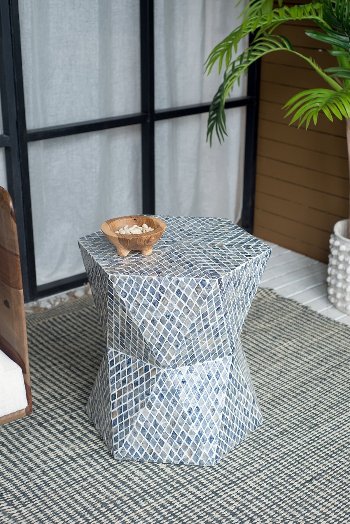 19x19x20" Tapered Blue Garden Capiz Stool, Accent Side Table