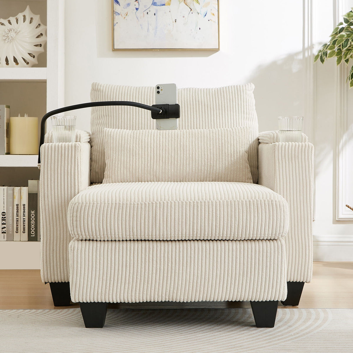 Convertible Chaise Lounge Sofa Chair With USB Ports, Cup Holders, Phone Holder And Storage