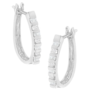 10K Yellow Gold Round and Baguette Cut Diamond Oblong Hinged Leverback Hoop Earrings (Â¼ Cttw, I-J Color, I2-I3 Clarity)