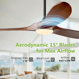 52 Inch Walnut Ceiling Fan with LED Light 3-Blade DC Remote