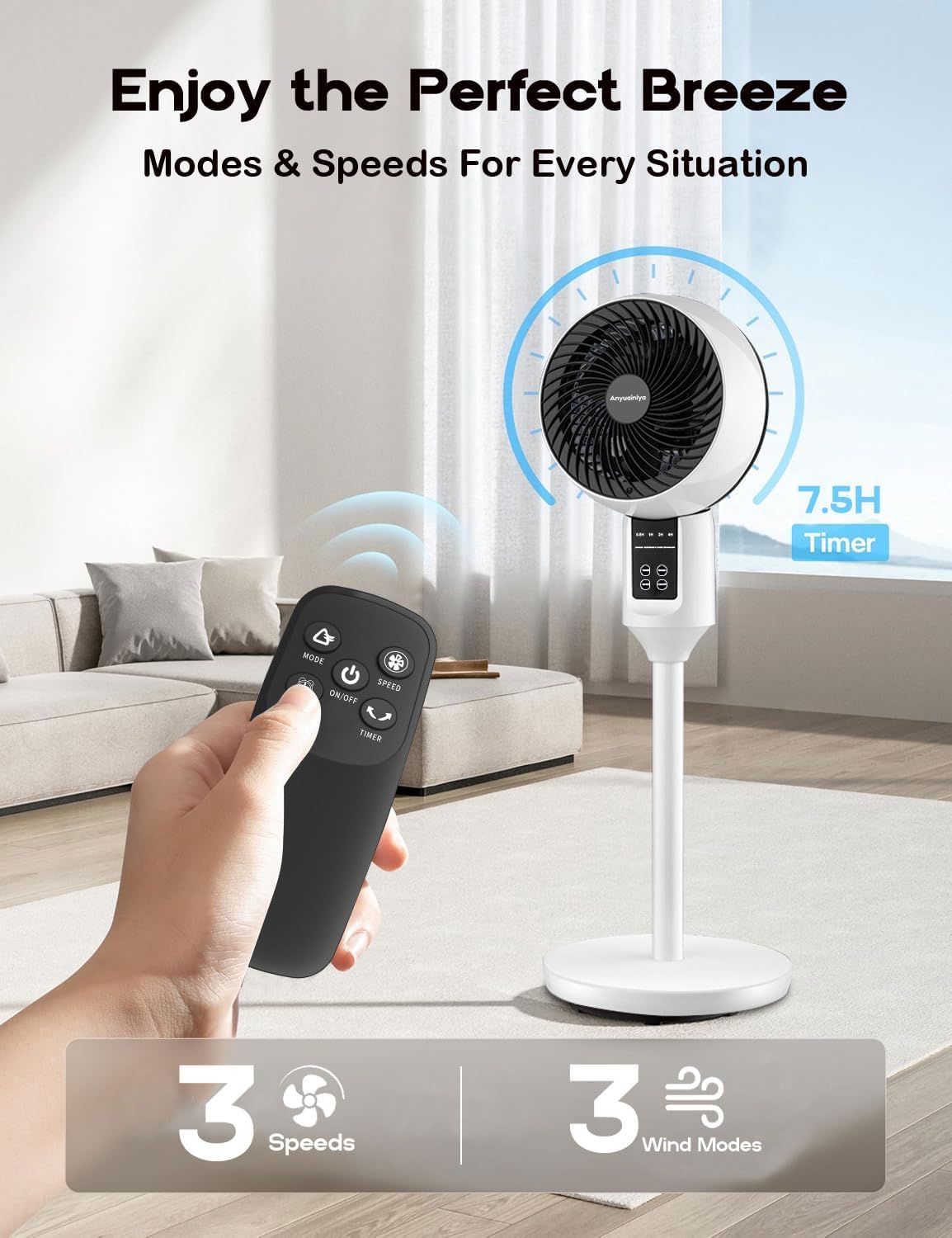 Pedestal Fan with Remote 3D Oscillation 3-Speed Quiet 26dB