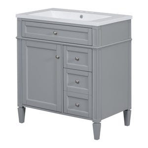 Bathroom Vanity With Top Sink, 2 Doors And 3 Drawers, Freestanding Set With Mirror Cabinet