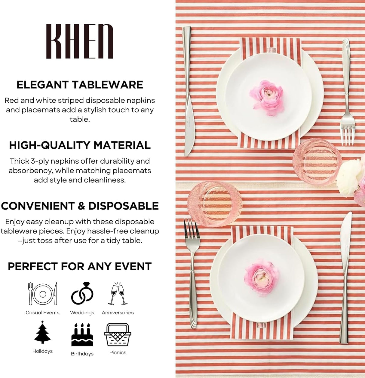 Tonal Striped Disposable Napkin Set in Stripe Red, 50 Pieces