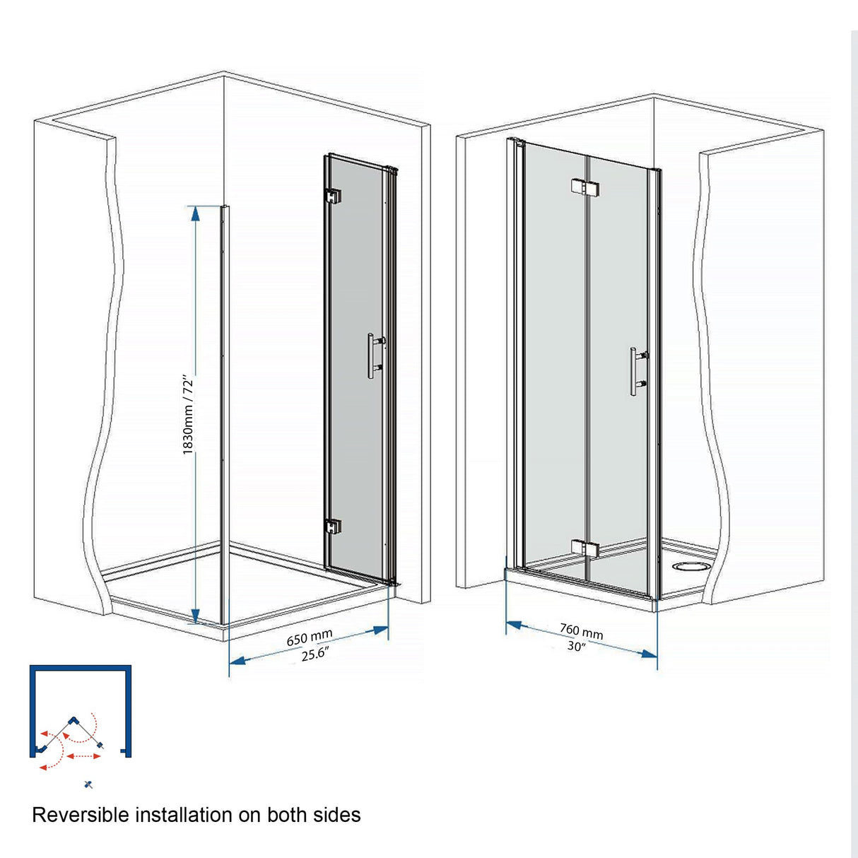 31-30"x 72" Bifold Shower Door, 1/4" (6mm) Tempered Glass