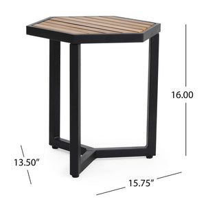 Outdoor Side Table with Iron Base and Slatted Top - Brown
