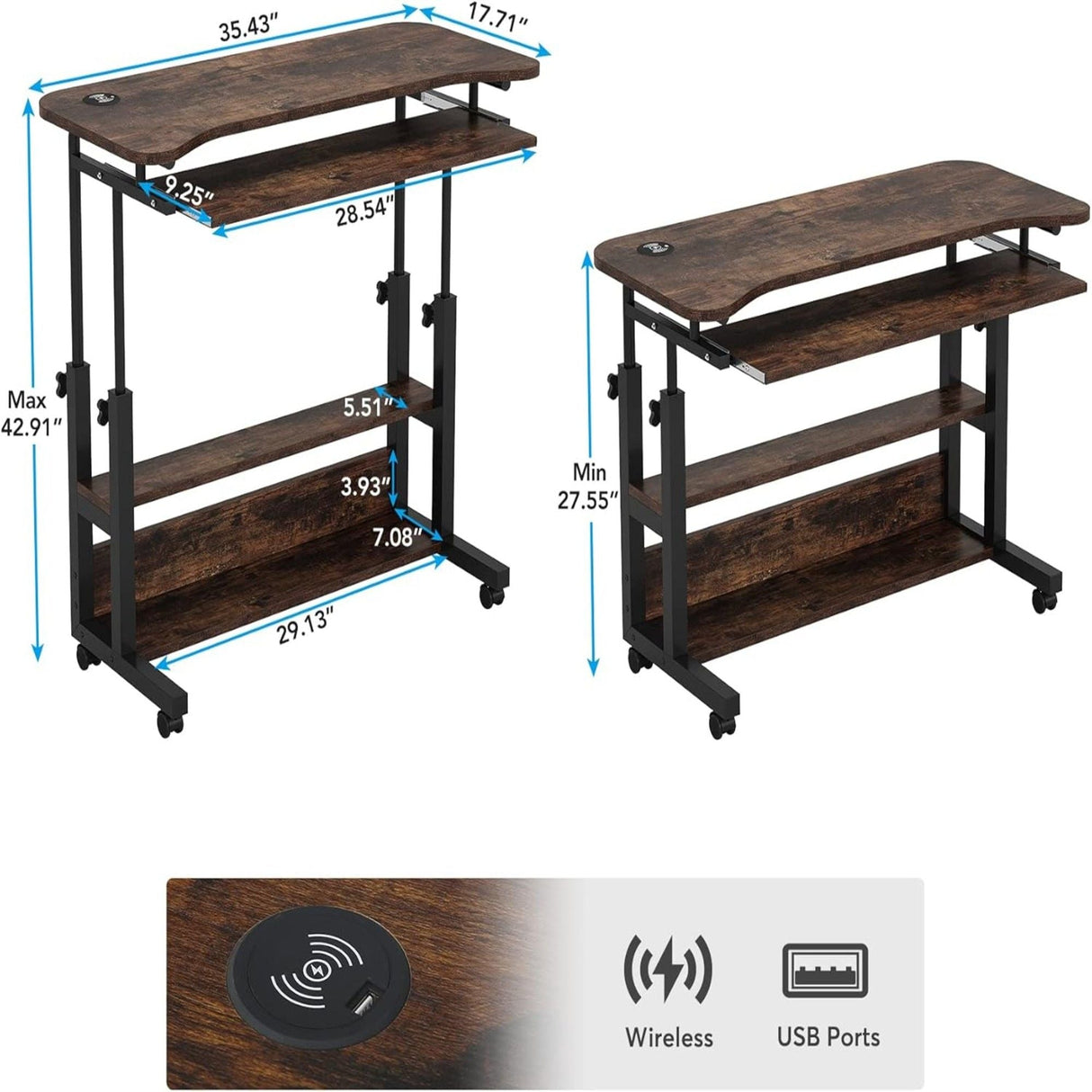Portable Adjustable Desk With Power Outlets, USB Charging Ports, And Sliding Keyboard Tray - Brown / Black