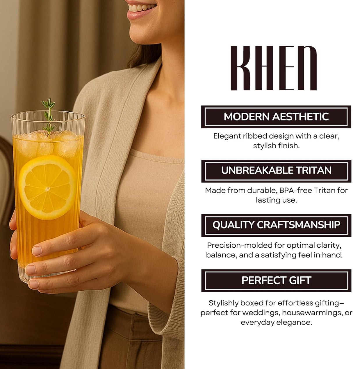 Khen Shatterproof Acrylic Ribbed Drinking Glasses Set, European Style, Dishwasher Safe, Tall | Set of 2 | Clear Tritan Drinkware, Unbreakable BPA-free Plastic, Reusable Stackable Glassware - 12OZ