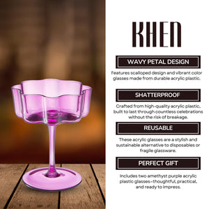 Flower Wave Coupe Cocktail Colored Glasses | Set of 2 | Amethyst Purple