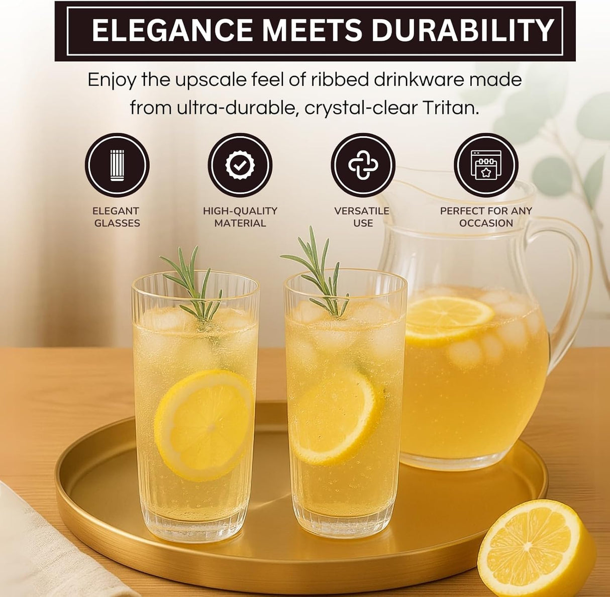 Khen Shatterproof Acrylic Ribbed Drinking Glasses Set, European Style, Dishwasher Safe, Tall | Set of 2 | Clear Tritan Drinkware, Unbreakable BPA-free Plastic, Reusable Stackable Glassware - 12OZ