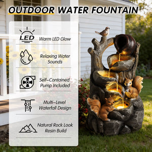 Squirrel Outdoor Water Fountain with Lights