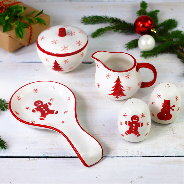 Winterfest 5 Piece Accessory Set| Sugar and Creamer , Salt and pepper shakers , spoon rest