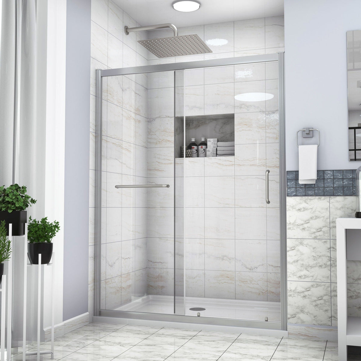 Single Sliding Bypass Shower Door with Tempered Glass Enclosure - Pearl Silver or Gray