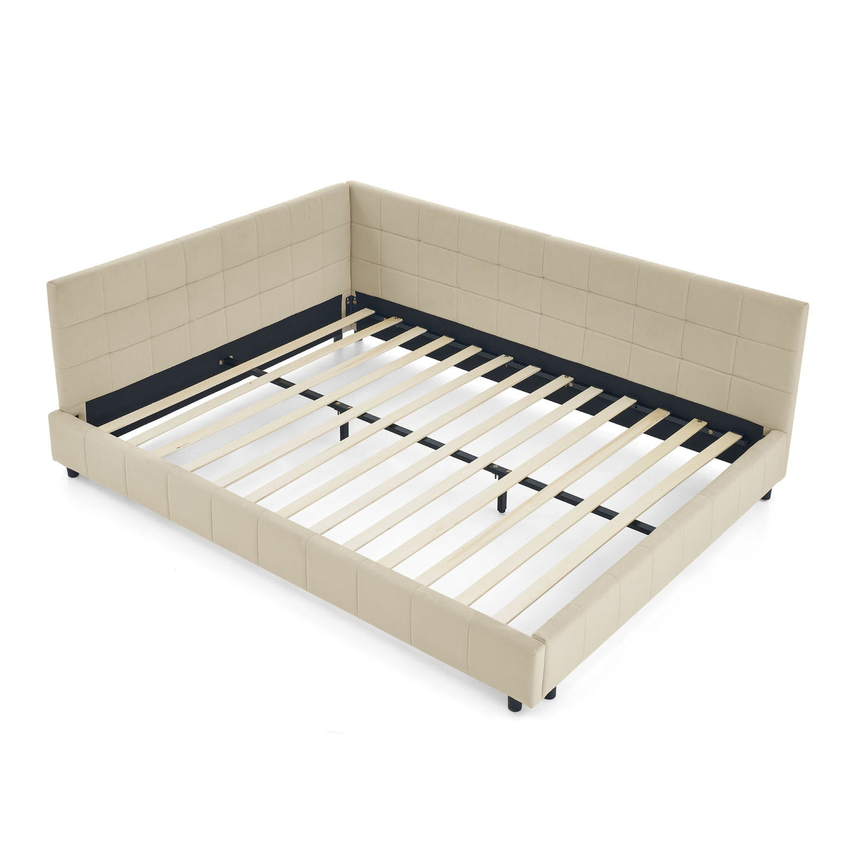 Mid-Century Storage Upholstered Tufted Bed Frame With Backrest And Armrests