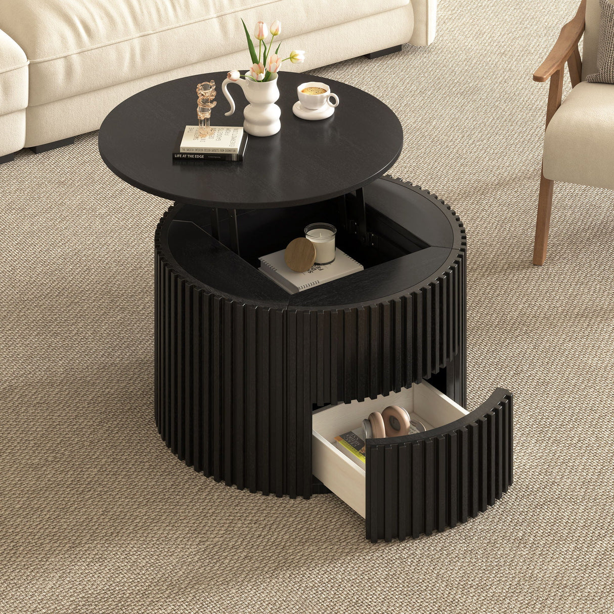 Round Lift Top Coffee Table With Hidden Storage For Living Room