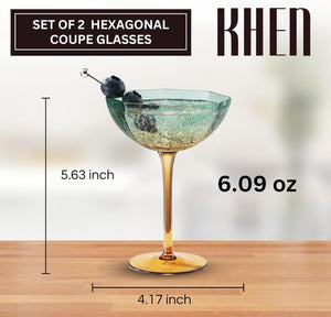 Khen Hexagonal Coupe Champagne Glasses Set of 2 in Teal and Brown