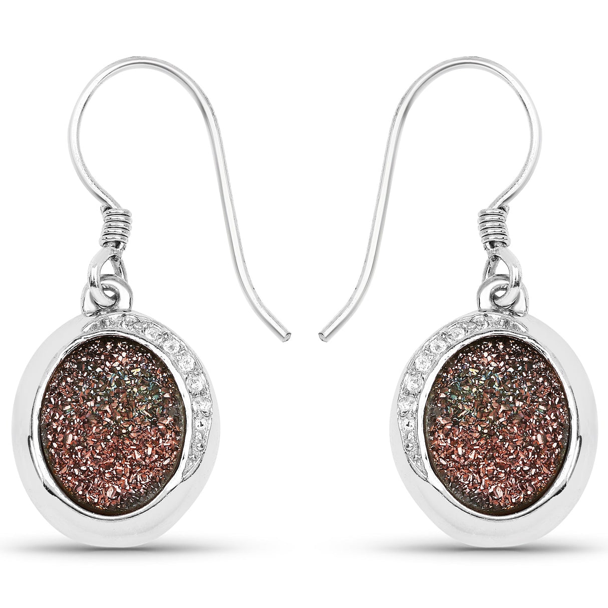 4.72 Carat Genuine Copper Bloom Drusy and White Topaz .925 Sterling Silver Earrings
