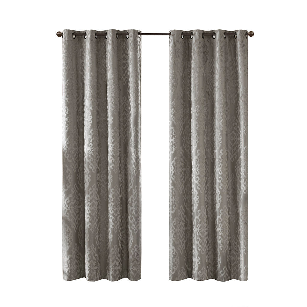 Charcoal Knitted Jacquard Damask Blackout Curtain Panel with Silver Grommets