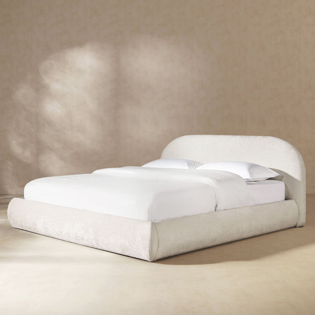 Archie Puffy Grounded Upholstered Platform Bed with Rounded Headboard - Green, White, Beige