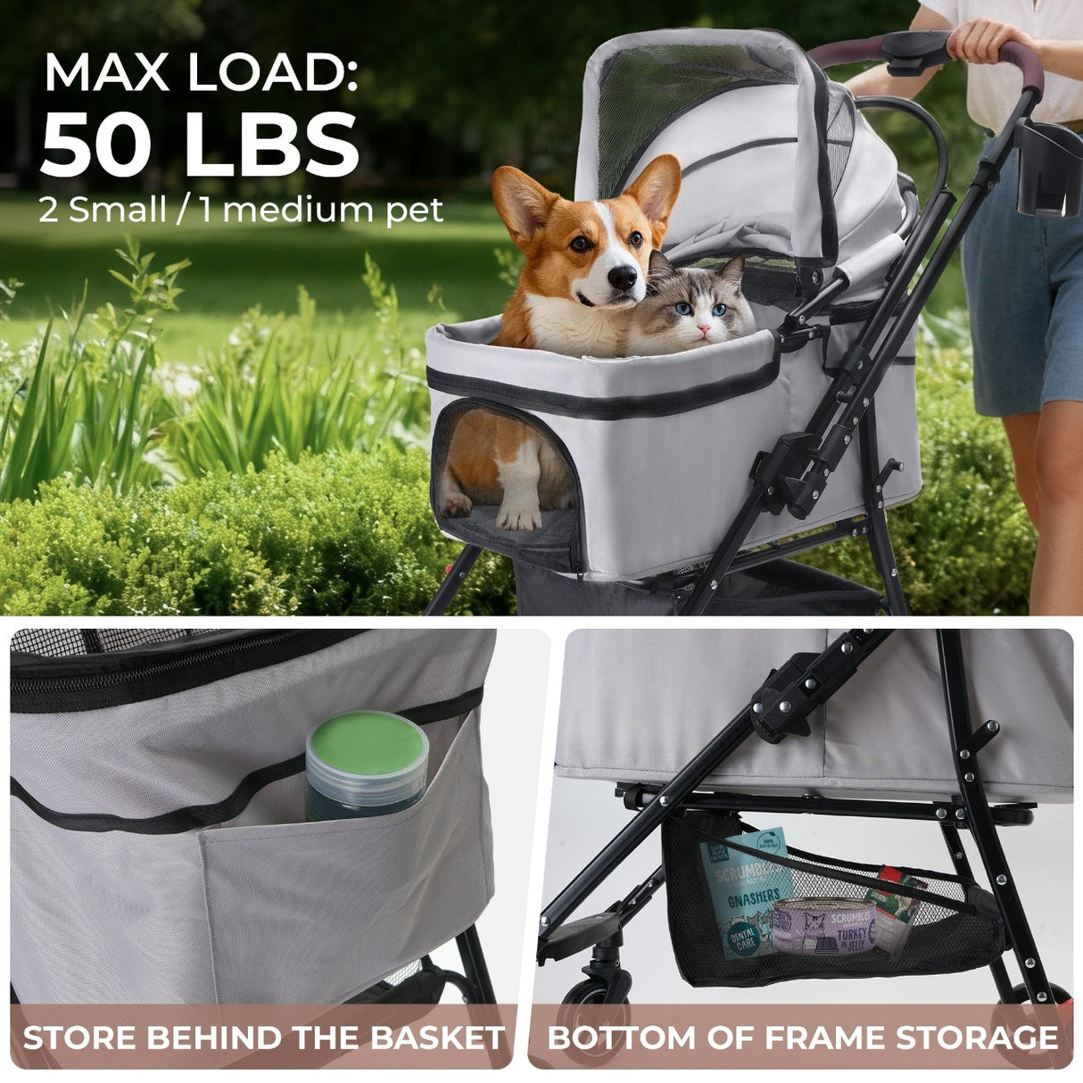 4-Wheel Foldable Pet Stroller for Dogs & Cats with 360° Rotating Wheels