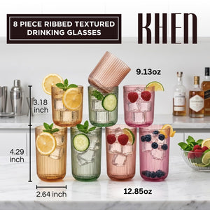 Set of 8 Ribbed Glasses - 4 Highball Glasses & 4 Lowball