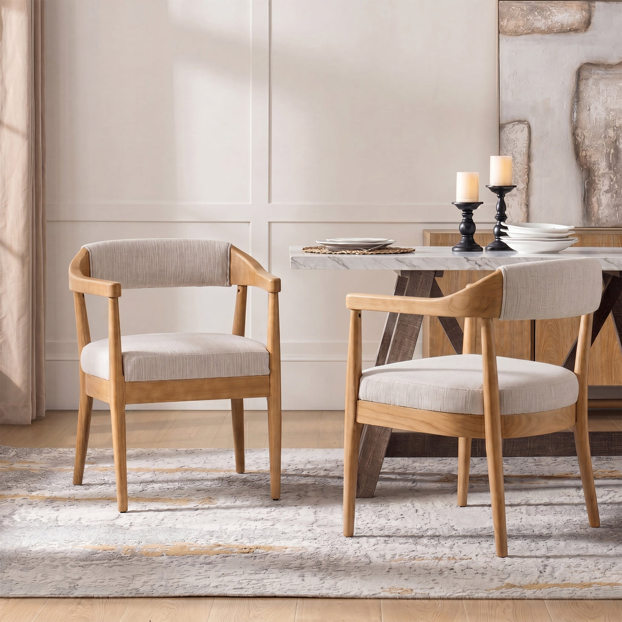 Wood Frame Upholstered Dining Chairs with Armrests (Set of 2) - Beige + Natural