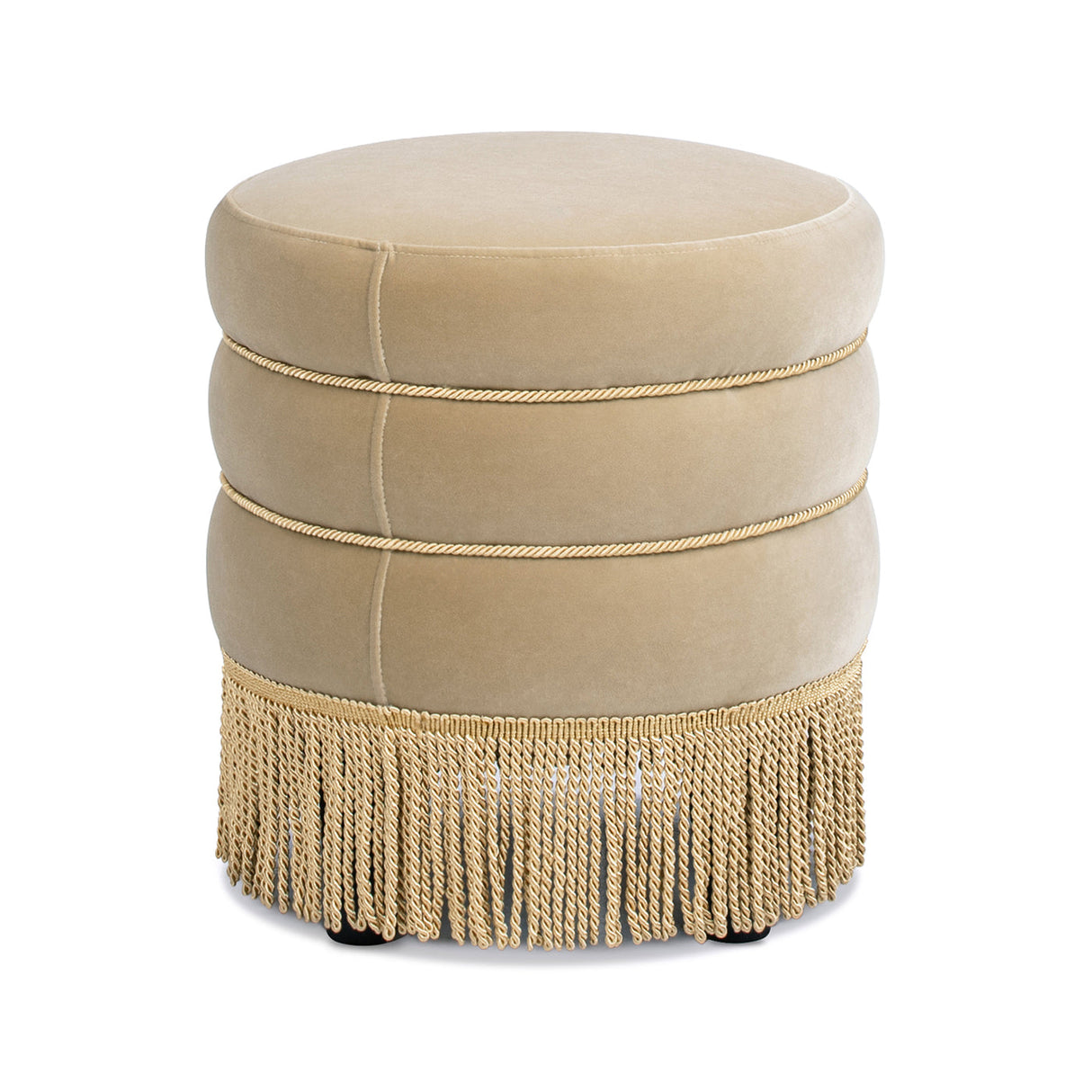Edward 17.5" Round Upholstered Ottoman with Bullion Fringe