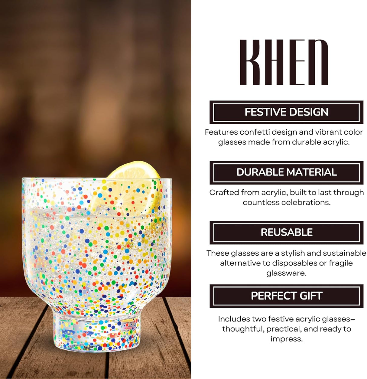Khen Confetti Stemless Tumblers Set Colorful Drinkware  - 12oz Clear