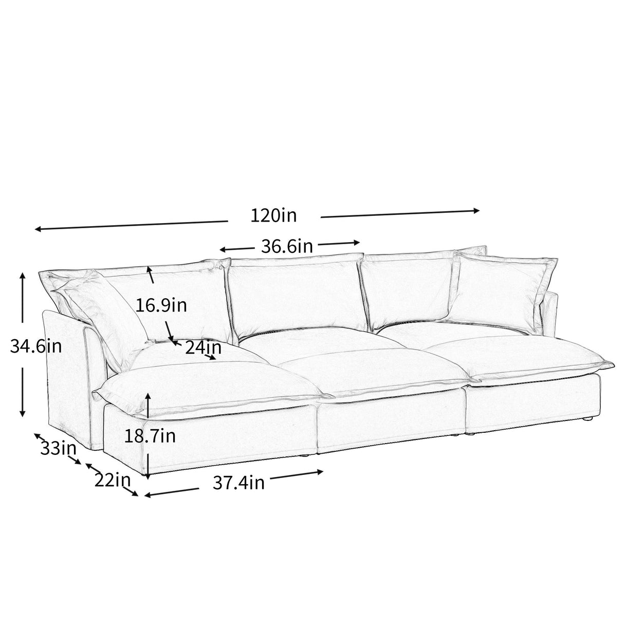 Oversized Chenille Living Room Sofa with 3 Ottomans