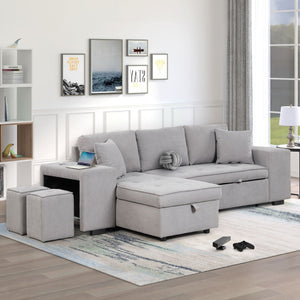 Modern L-Shape 3 Seat Reversible Sectional Couch, Pull Out Sleeper Sofa With Storage Chaise And 2 Stools For Living Room Furniture Set