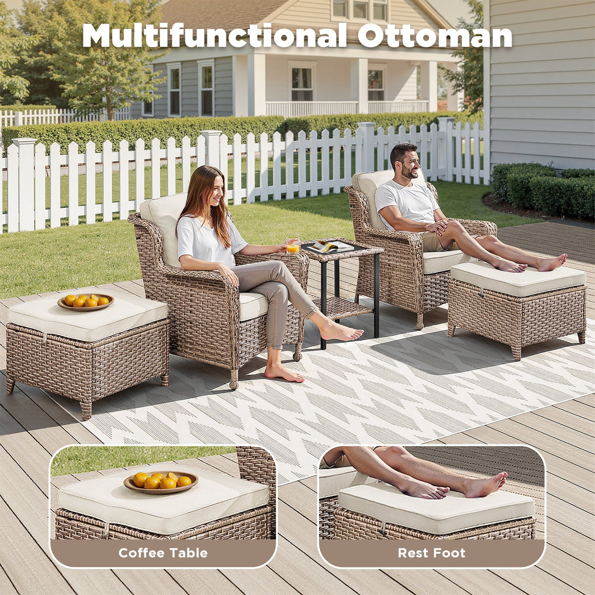 5-Piece Outdoor Lounge Chairs Set with Side Table and Ottomans