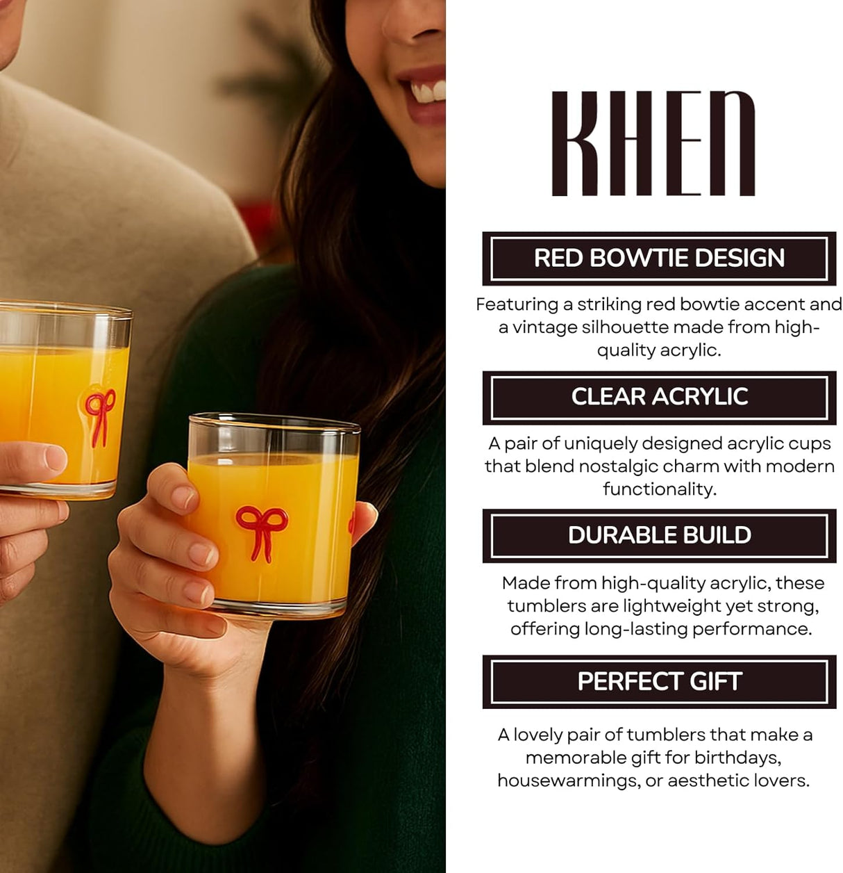 Khen Red Bowtie Tumbler Set Unique Lightweight Acrylic Clear Drinkware Vintage Aesthetic Barware Cup - Set of 2 Clear