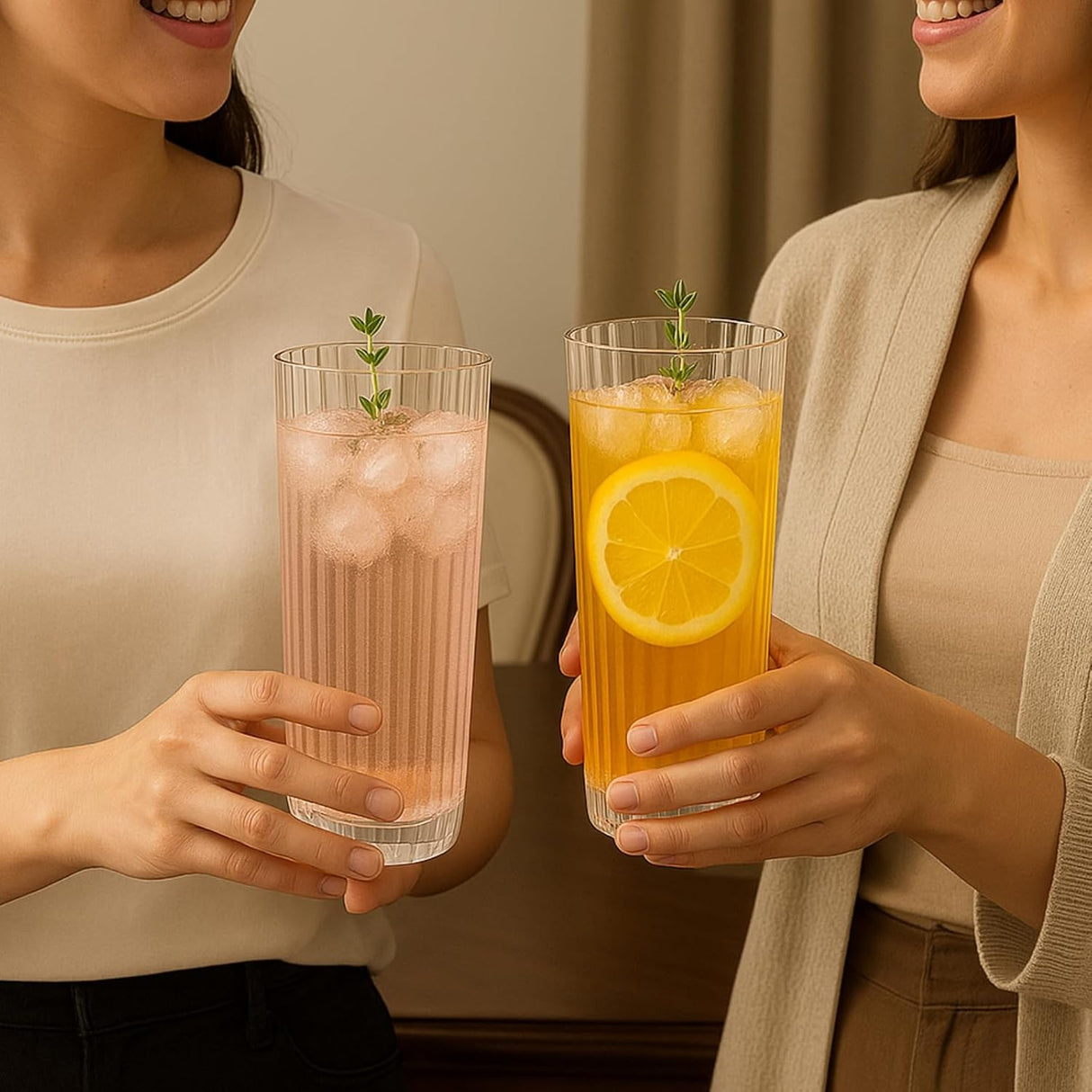 Khen Shatterproof Acrylic Ribbed Drinking Glasses Set, European Style, Dishwasher Safe, Tall | Set of 2 | Clear Tritan Drinkware, Unbreakable BPA-free Plastic, Reusable Stackable Glassware - 12OZ