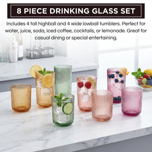 Set of 8 Ribbed Glasses - 4 Highball Glasses & 4 Lowball