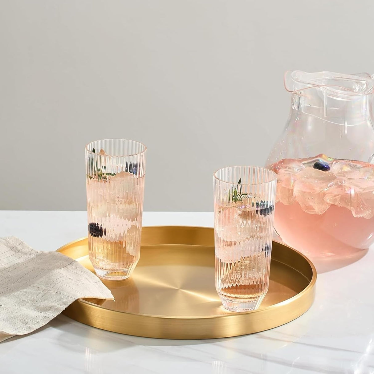 Khen Shatterproof Acrylic Ribbed Drinking Glasses Set, European Style, Dishwasher Safe, Tall | Set of 2 | Clear Tritan Drinkware, Unbreakable BPA-free Plastic, Reusable Stackable Glassware - 12OZ